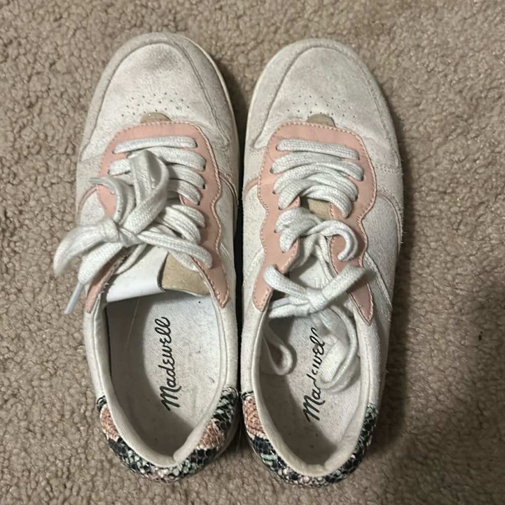 Madewell Court Sneakers in colorvlock suede and snakeskin embossed leather.